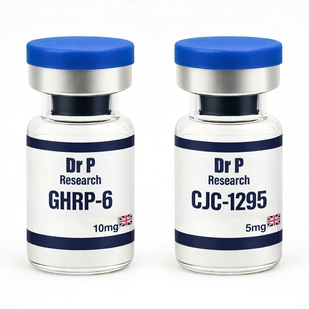 Dr P. GHRP-6 10mg + CJC 1295 (w/o DAC) 5mg Research Grade Material Bundle (For Laboratory Use Only)
