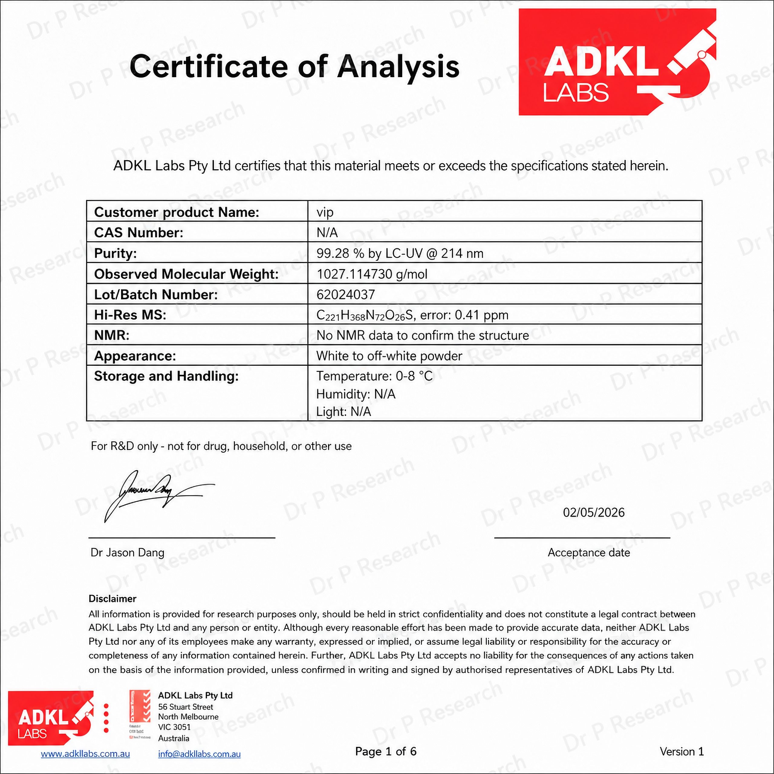Dr P. VIP 5mg Research Grade Material (For Laboratory Use Only) - Image 2
